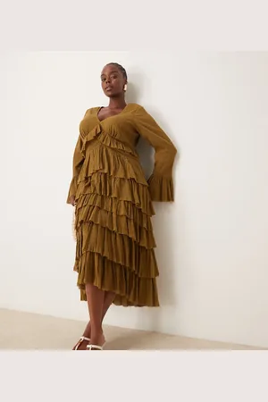 ASOS ASOS DESIGN Curve - Olivengrøn maxikjole med V-hals og lagdelt skørt og blondedetaljer-Multifarvet