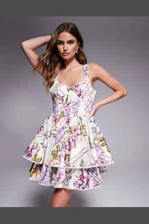 ASOS Skater-minikjole med guldfarvet sløjfedetalje og tegl-blomsterprint i bomuldssatin