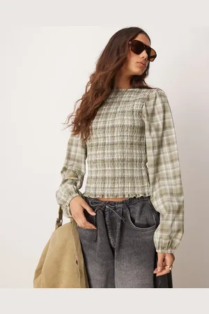ASOS Grønternet bluse med rynker og smal halsudskæring-Multifarvet