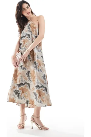 Object Maxikjole med halterneck og neutral batik i satin-Multifarvet