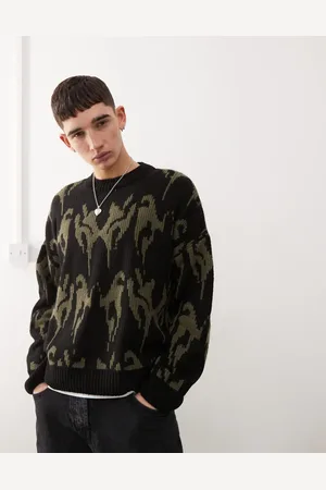 COLLUSION Kakigrøn strikket oversized trøje i jacquard