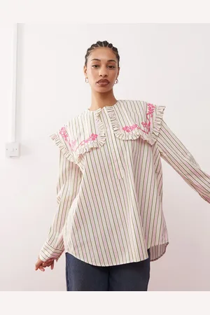 Reclaimed Pink og grøn skjorte med stor krave og striber