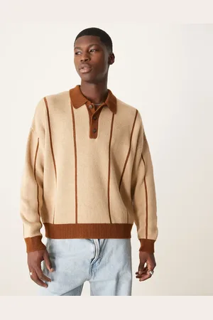 ASOS Strikket oversized polo med gyldenbrune striber-Neutral