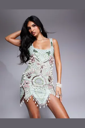 ASOS Mintgrøn minikjole med bølgekant og udsmykning med smykkesten og perler