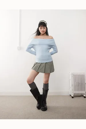 Miss Selfridge Støvet lyseblå bardot-top med bred, foldet kant
