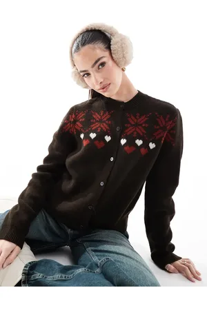 Miss Selfridge Chokoladebrun strikket cardigan med snefnug- og hjertedesign i jacquard
