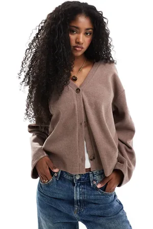 Miss Selfridge Kamelbrun og blød cardigan med ribber og afslappet pasform samt V-hals-Blå