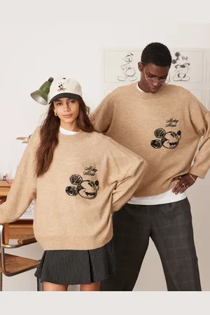 ASOS Disney - og super oversized striktrøje med rund hals og firkantet pasform samt Mickey Mouse-broderi-Neutral