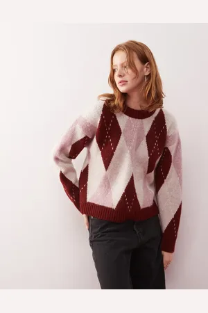 Reclaimed Rød og pink og oversized striktrøje med diamantformede tern-Multifarvet