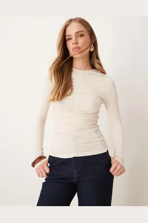 JDY Cremehvid top med rynket front