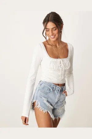 Free People Elfenbenshvid smock-bluse med lange ærmer
