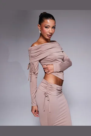 ASOS Minkfarvet offshoulder-top med rynker og lange ærmer i blødt stof-Lilla