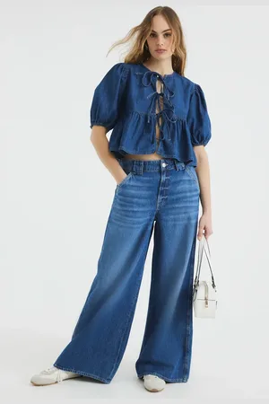 River Island Mellemblå denimtop med pufærmer