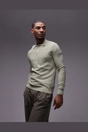 MANGO Lysegrøn strikket sweater med knapper i polostil