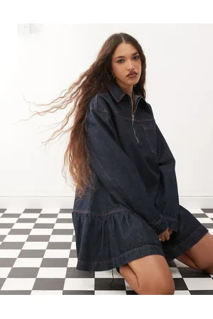 COLLUSION Indigoblå smock-kjole i denim i minilængde-Marineblå