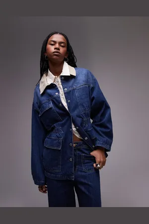 Topshop Mellemblå denimjakke med elastisk talje og krave i fløjl