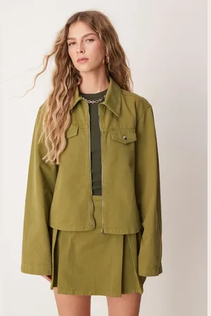 ASOS Olivengrøn og cropped denimjakke med lynlås foran - Del af sæt