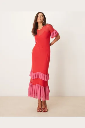 Never Fully Dressed Rød og pink maxikjole med flæser i mesh
