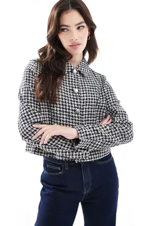 Pimkie Cropped jakke med blå/sorte pepitatern i bouclé-Rød