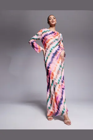 DASKA Maxikjole med vandfaldsudskæring og pink, abstrakte striber i chiffon