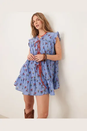 Free People Sundown - Blå smock-minikjole med småblomstret print
