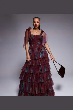 Lace & Beads Bordeaux lagdlet maxikjole med flæser og blomstermønster-Lilla
