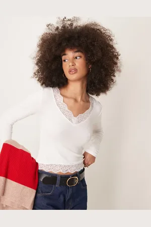 Gina Tricot Offwhite top med lange ærmer og V-hals med blonder-Hvid