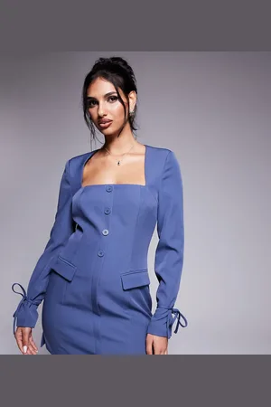 Kaiia Stålblå skræddersyet blazer-minikjole med firkantet hals og sløjfedetaljer ved ærmekanterne - Kun hos ASOS