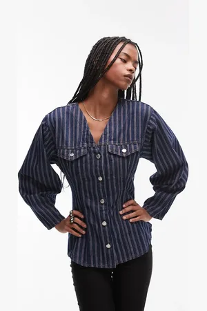 Topshop Indigoblå denimskjorte med tætsiddende talje og røde striber