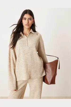 ASOS Cremehvid top med halv lynlås og lange ærmer i børstet ribstrik - Del af sæt