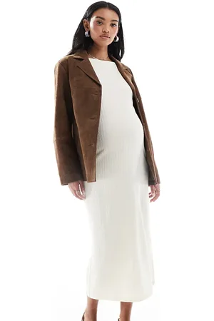 Mama;licious Mamalicious Maternity - Cremehvid ribstrikket midikjole med lange ærmer i jersey-Neutral