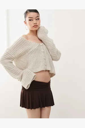 Princess Polly Cropped cardigan med V-hals, knapper og klokkeærmer i strik-Neutral