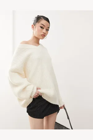 Princess Polly Cremehvid oversized trøje med V-hals i ribstrik