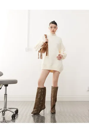 Princess Polly Strikket sweater-minikjole med høj hals og ballonærmer-Neutral