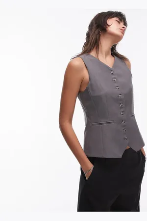 Topshop Skiferbeige skræddersyet habitvest med høj knaplukning - Del af sæt-Neutral