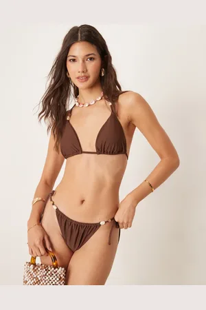 Abercrombie & Fitch Swim - Brune bikinitrusser med bindebånd i siderne og perledetaljer - Del af sæt