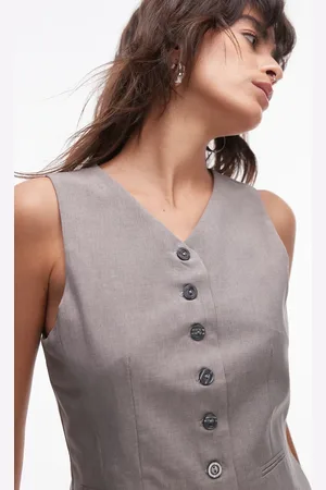 Topshop Mørk beige skræddersyet habitvest med høj knaplukning - Del af sæt-Neutral