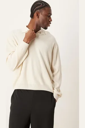 ASOS Ecrufarvet ribstrikket oversized poloskjorte med halshak i firkantet pasform-Neutral