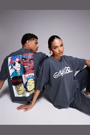 ASOS Unisex - oversized T-shirt med licenseret Gorillaz-print i firkantet pasform-Brun