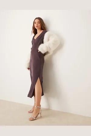 ASOS Gråbrun midikjole i satin med V-hals og rå syninger-Lilla