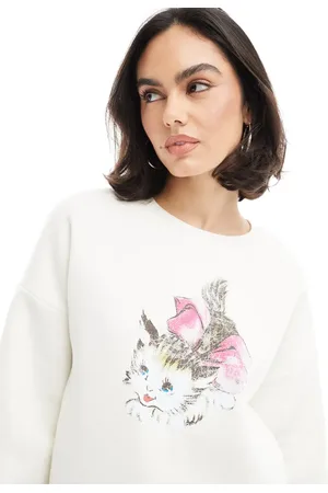 Miss Selfridge Oversized sweatshirt med motiv med sød kat med sløjfe-Neutral