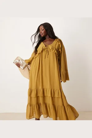 ASOS ASOS DESIGN Curve - Olivengrøn maxikjole med V-hals, lange ærmer og bindebåndsdetaljer