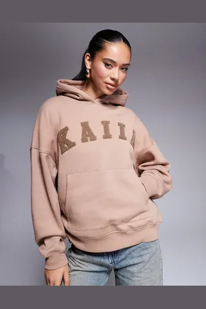 Kaiia Espressofarvet oversized hættetrøje med logo i bouclé - Del af sæt-Brun