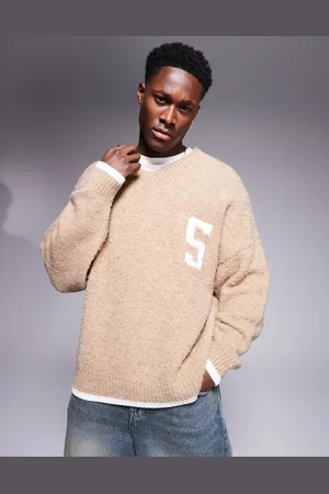 ASOS Strikket oversized trøje med tekstur, kantbånd og mønster på brystet i firkantet pasform-Neutral
