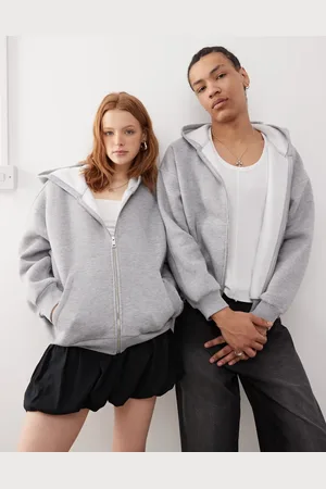 Reclaimed Unisex - Gråmeleret og cropped hættetrøje med firkantet pasform og lynlås