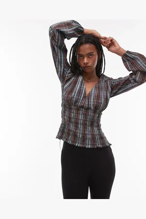 Topshop Rynket top med blå og gule tern-Multifarvet