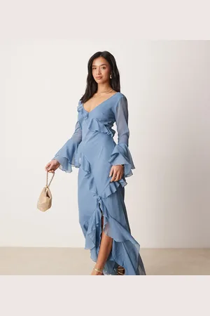 ASOS ASOS DESIGN Petite - maxikjole med V-hals, lange ærmer, flæser og udskæring på ryggen