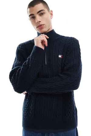 Tommy Hilfiger Marineblå kabelstrikket trøje med 1/4 lynlås