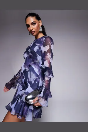 ASOS Blå minikjole med print og rå kanter samt flæser og lange ærmer