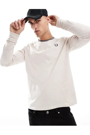 Fred Perry Meleret beige T-shirt med lange ærmer og dobbelt striber i kanten